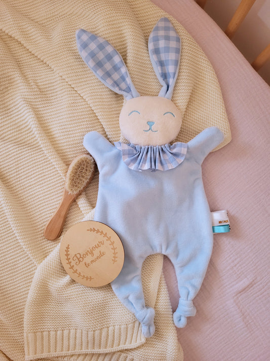 Doudou lapin vichy bleu layette