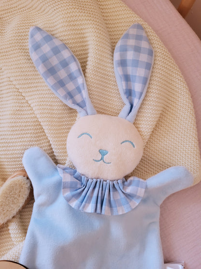 Doudou lapin vichy bleu layette