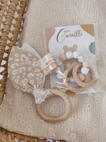 Coffret Anneau de dentition + hochet léopard beige