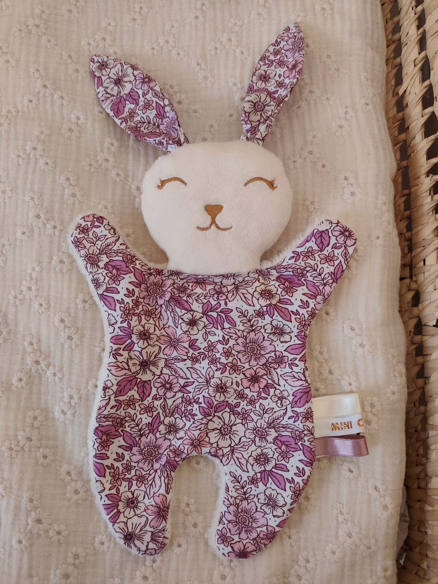 Mini doudou lapin FLOWERS rose et parme