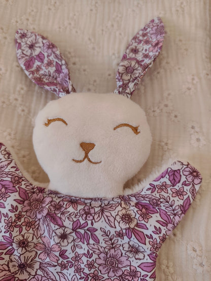 Mini doudou lapin FLOWERS rose et parme