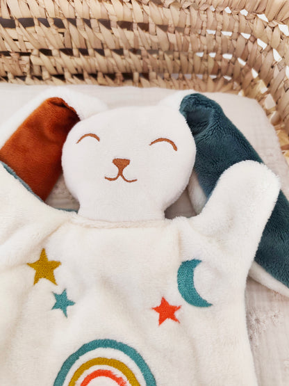 Doudou lapin ARC EN CIEL BRODE vert