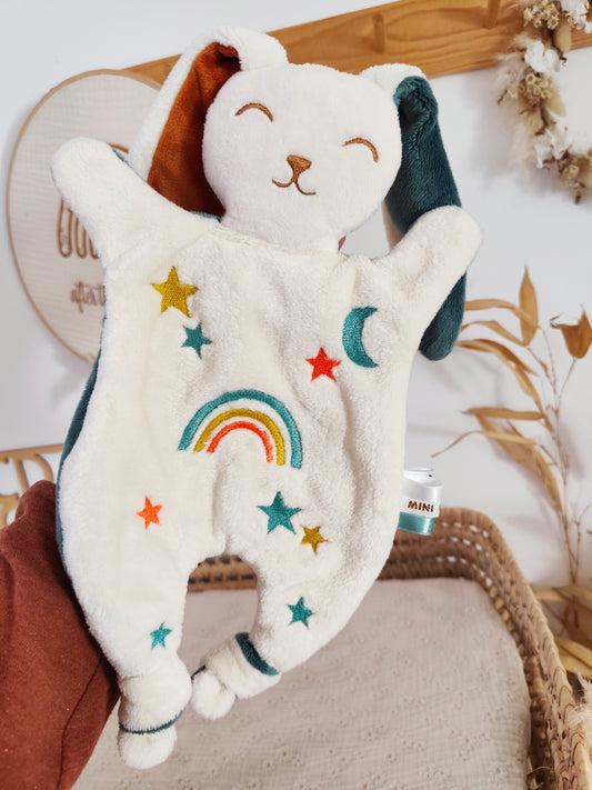 Doudou lapin ARC EN CIEL BRODE vert