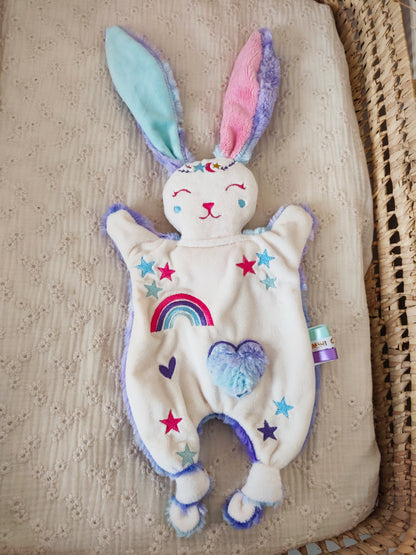 Doudou lapin ARC EN CIEL BRODE rose et violet