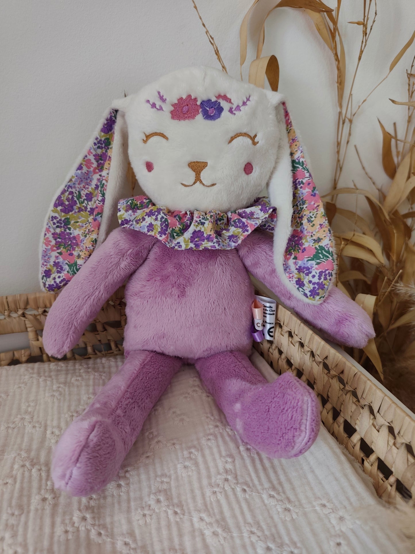 Peluche poupée lapin FLEURI VIOLET 45 cm
