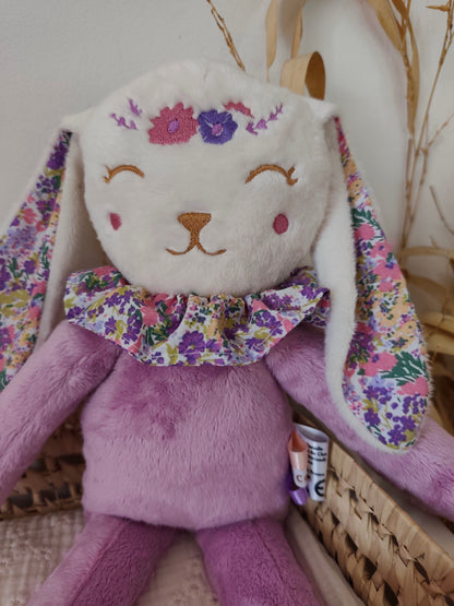 Peluche poupée lapin FLEURI VIOLET 45 cm