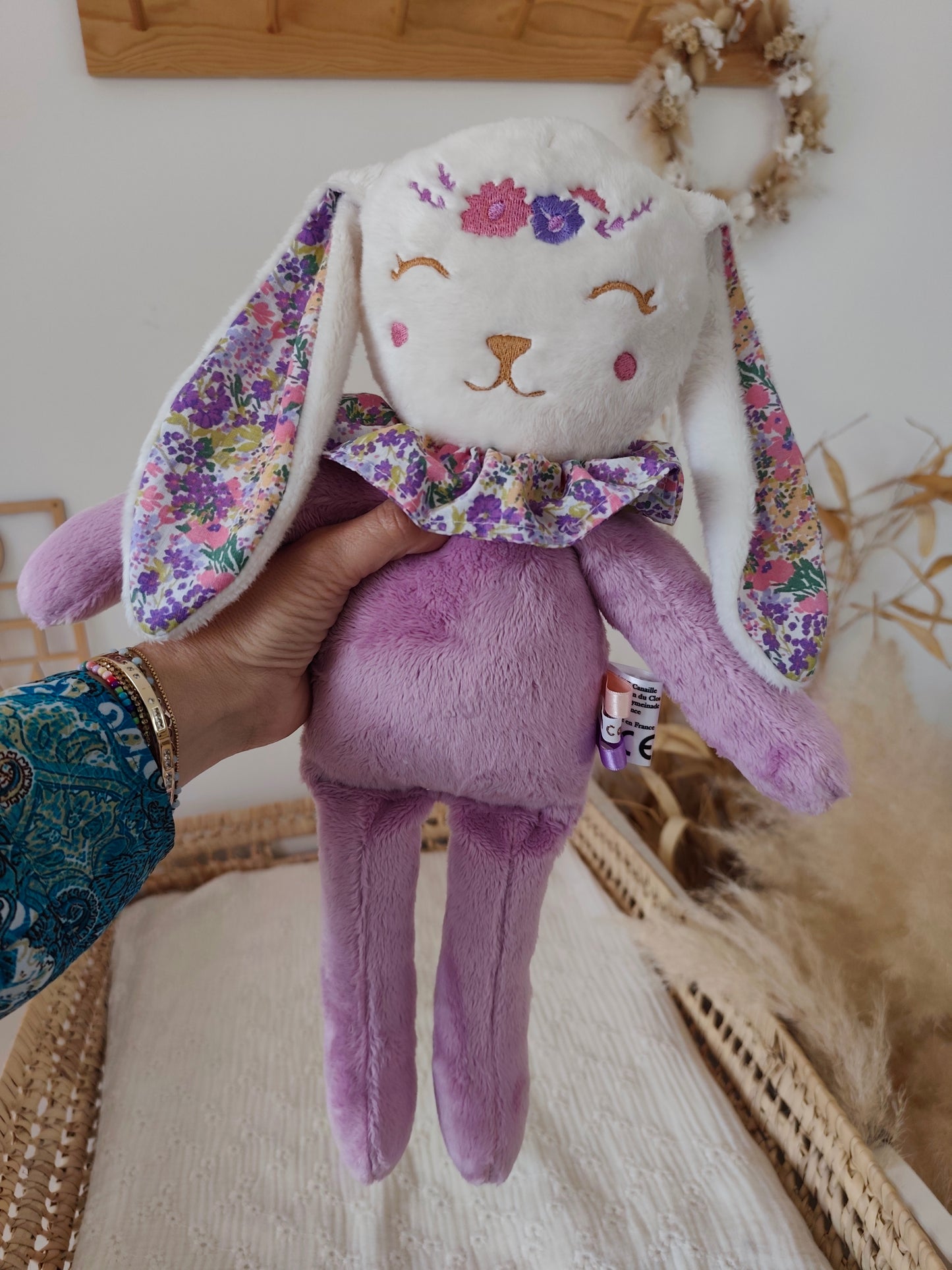 Peluche poupée lapin FLEURI VIOLET 45 cm