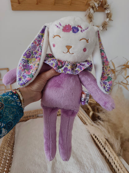Peluche poupée lapin FLEURI VIOLET 45 cm
