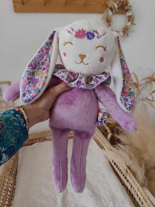 Peluche poupée lapin FLEURI VIOLET 45 cm