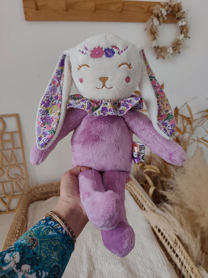 Peluche poupée lapin FLEURI VIOLET 45 cm