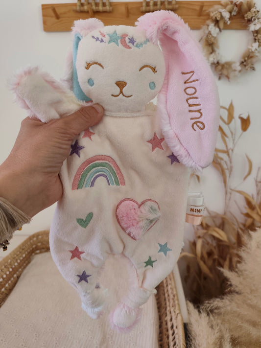 Doudou lapin ARC EN CIEL BRODE pastel