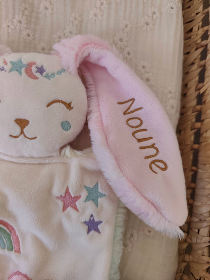 Doudou lapin ARC EN CIEL BRODE pastel