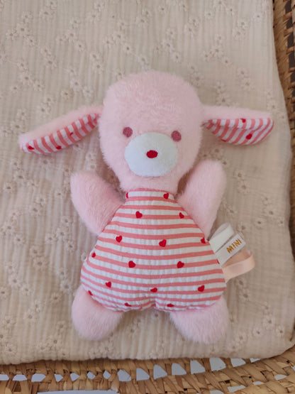 Doudou peluche RAYURE ROSE petits coeurs rouges