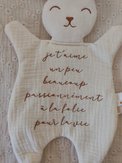 Grand doudou lapin JE T'AIME écru
