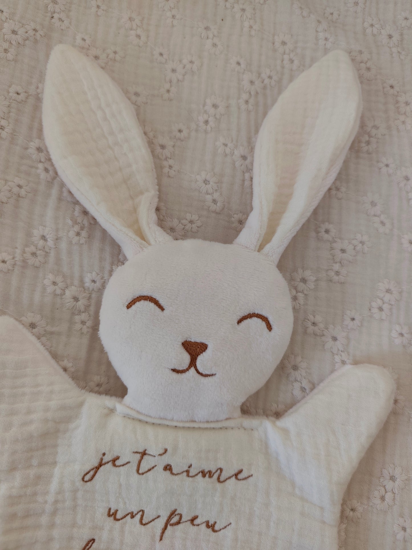 Grand doudou lapin JE T'AIME écru
