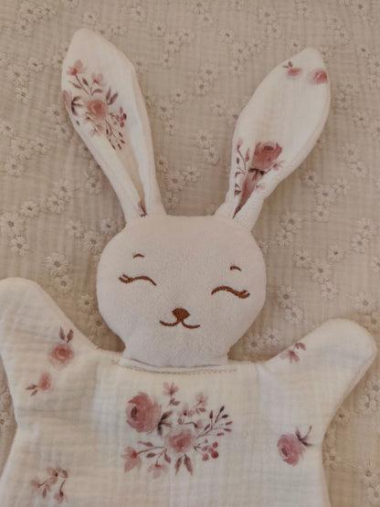 Grand doudou lapin FLEURI vieux rose