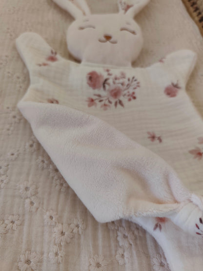 Grand doudou lapin FLEURI vieux rose