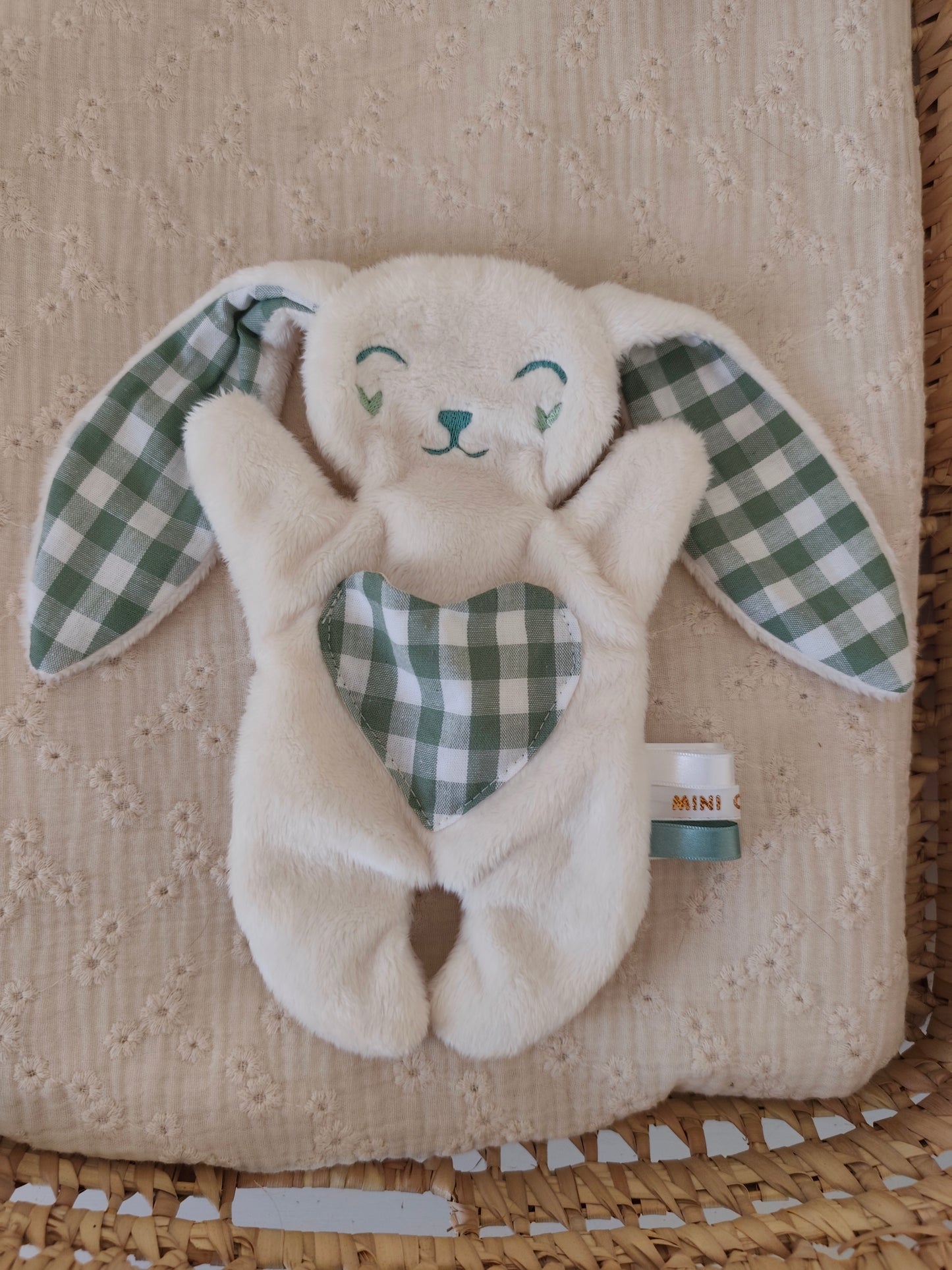 Doudou plat lapin vichy vert eucalyptus