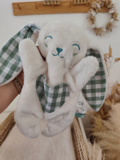 Doudou plat lapin vichy vert eucalyptus