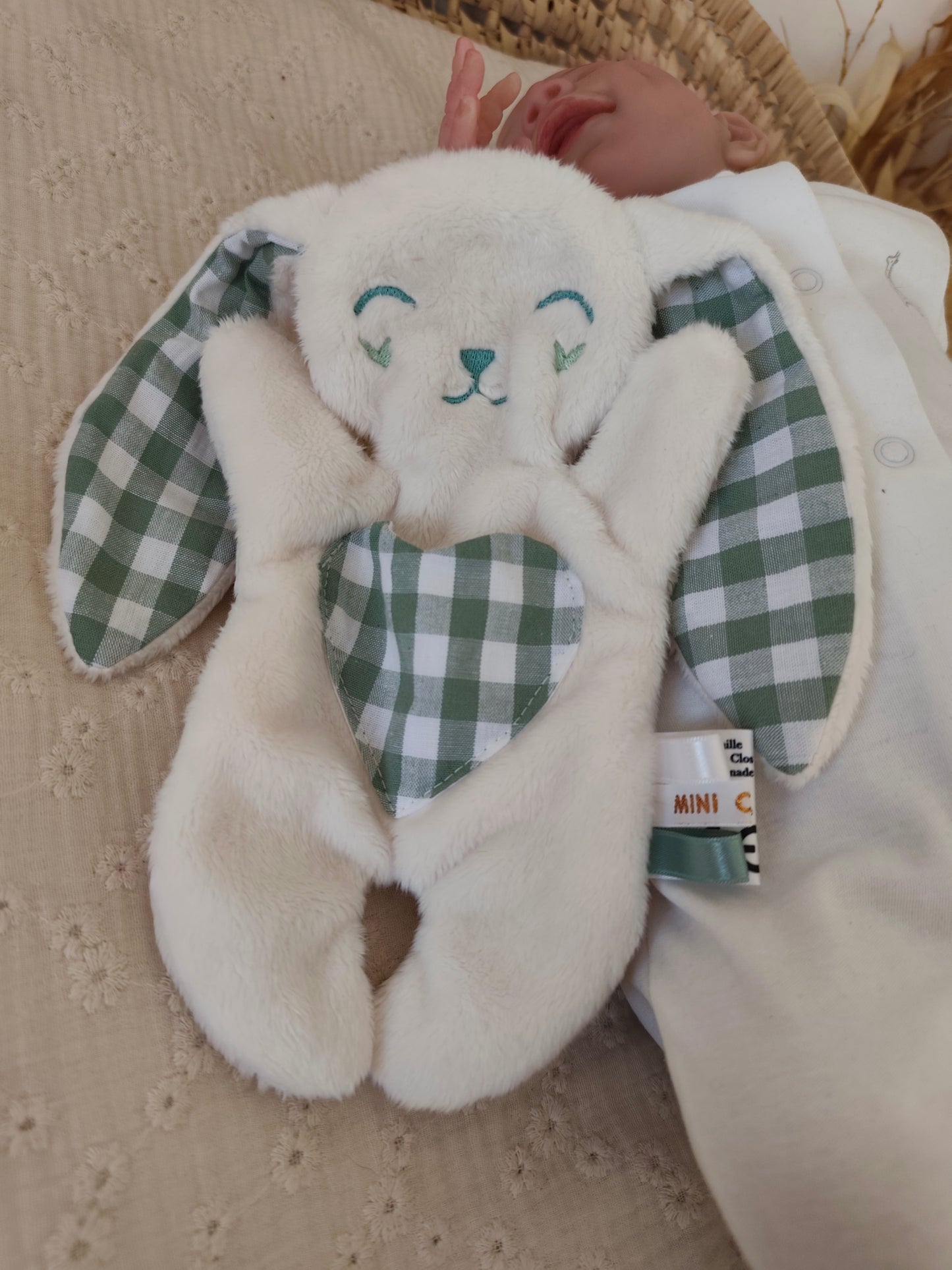 Doudou plat lapin vichy vert eucalyptus