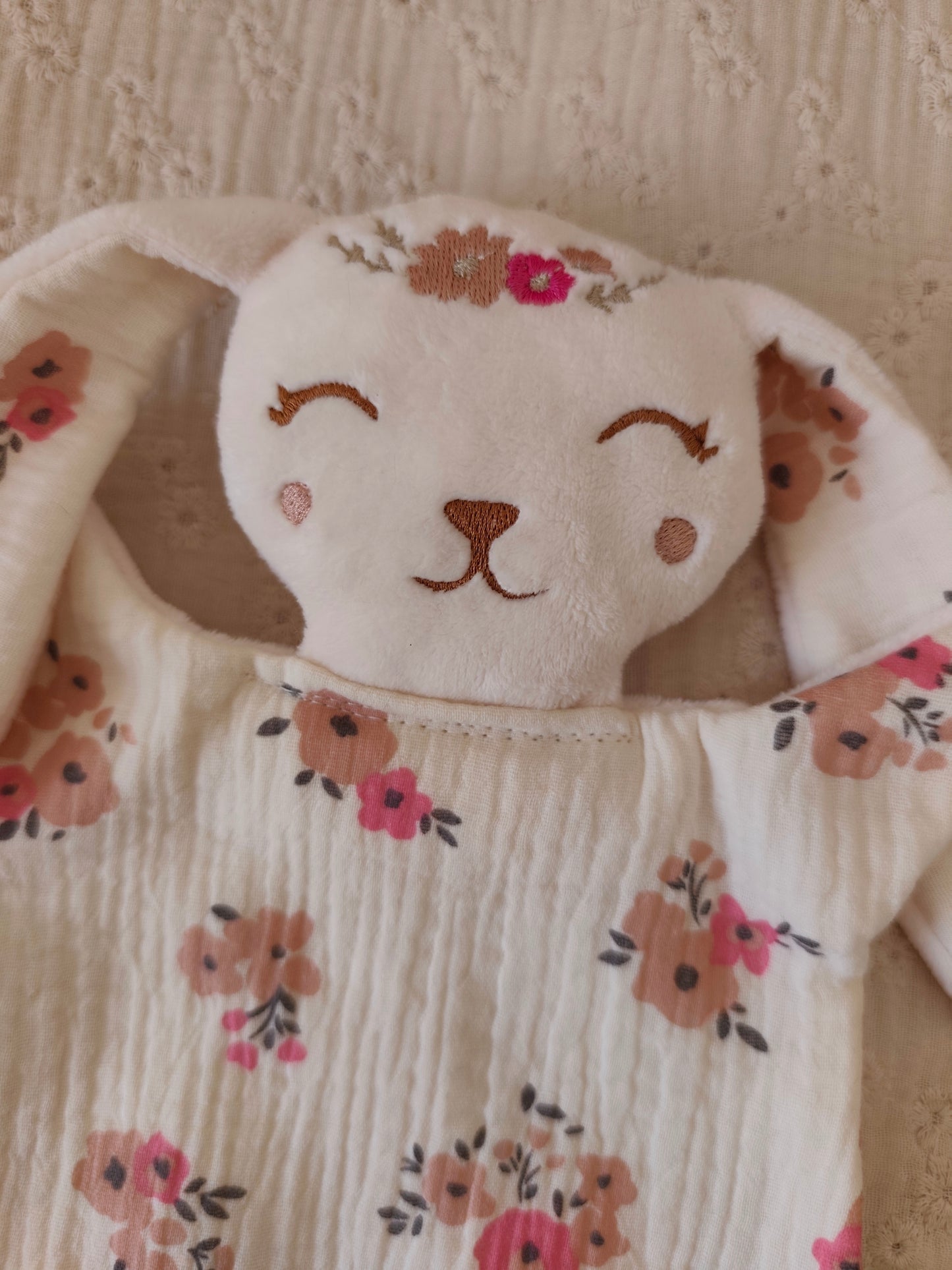 Grand doudou lapin BRITISH fleurs roses