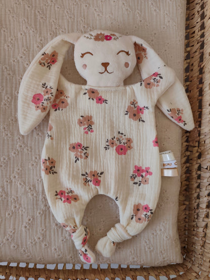 Grand doudou lapin BRITISH fleurs roses