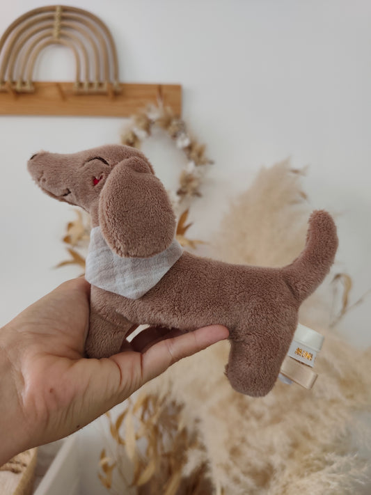 Hochet TECKEL polaire marron éveil bébé