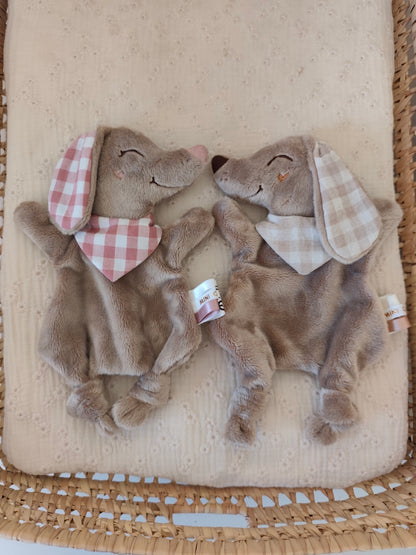 Mini doudou TECKEL polaire vichy vieux rose