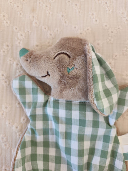 Mini doudou TECKEL vichy vert eucalyptus