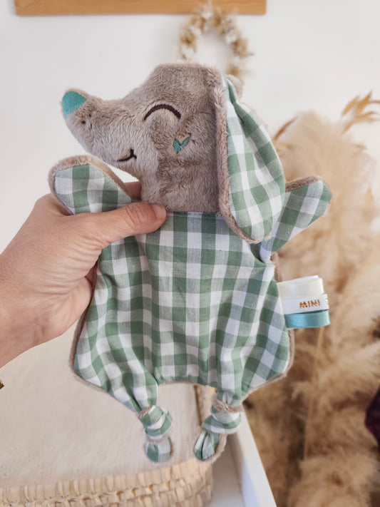Mini doudou TECKEL vichy vert eucalyptus