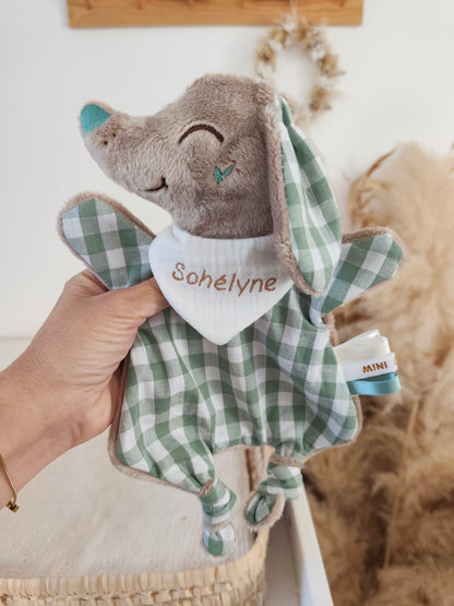 Mini doudou TECKEL vichy vert eucalyptus