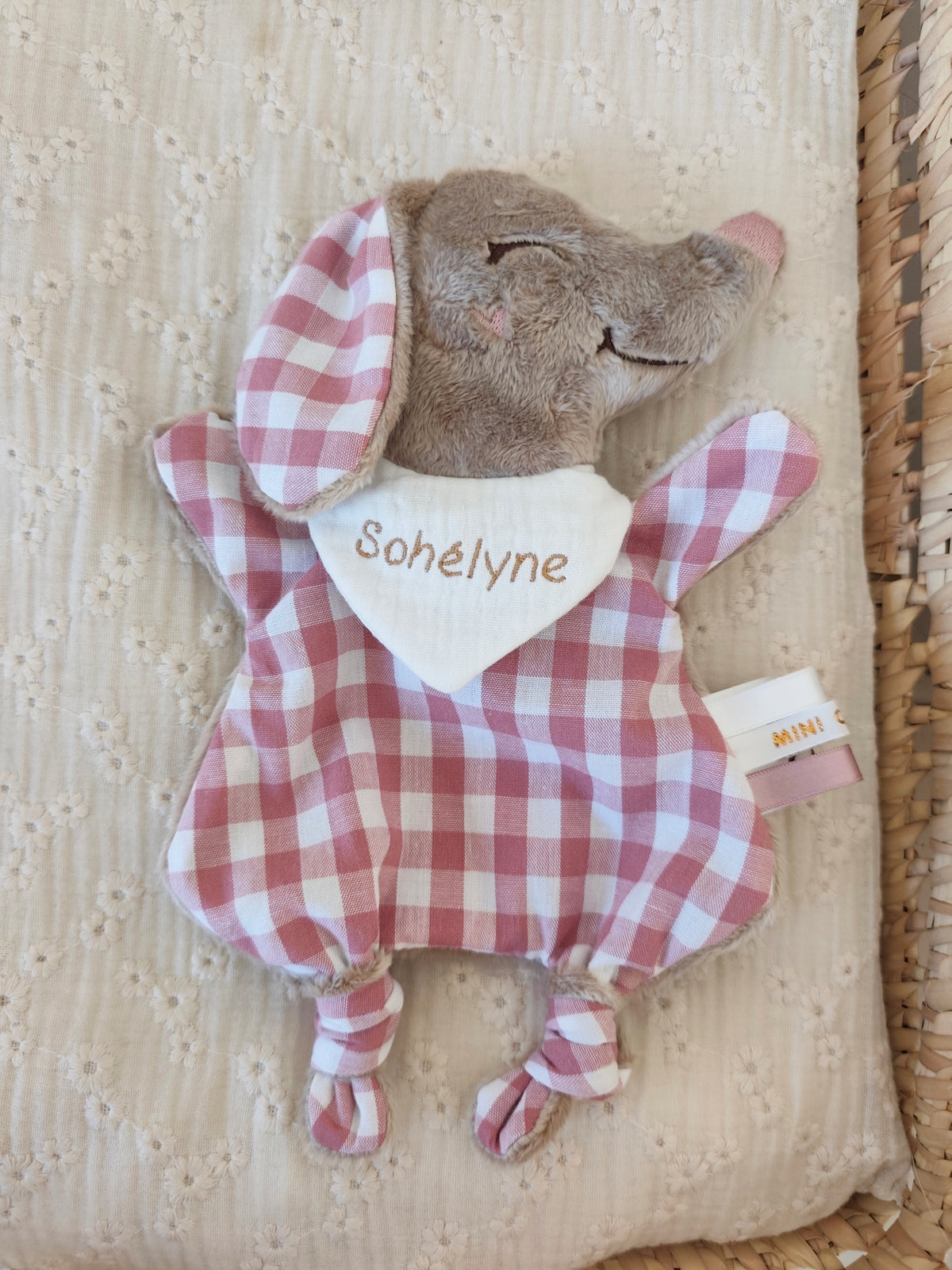 Mini doudou TECKEL vichy vieux rose