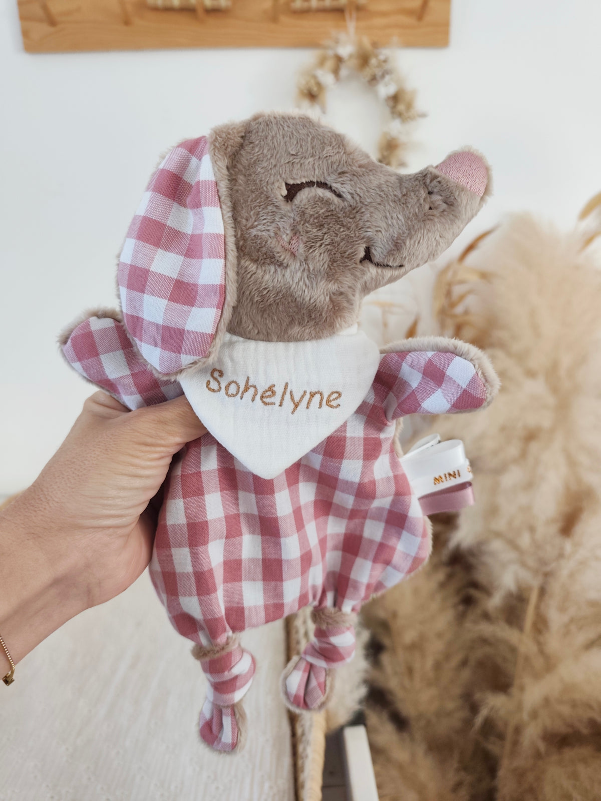 Mini doudou TECKEL vichy vieux rose