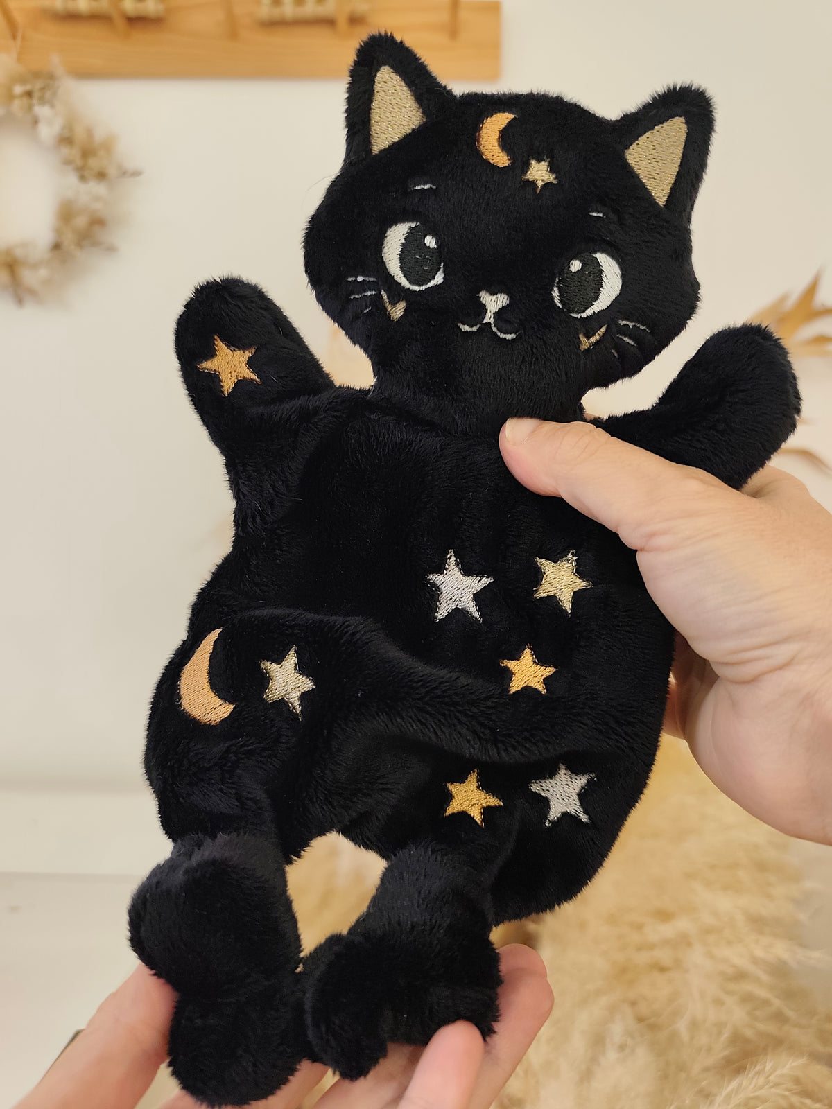 Mini doudou CHAT céleste des étoiles noir