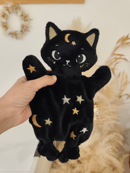 Mini doudou CHAT céleste des étoiles noir