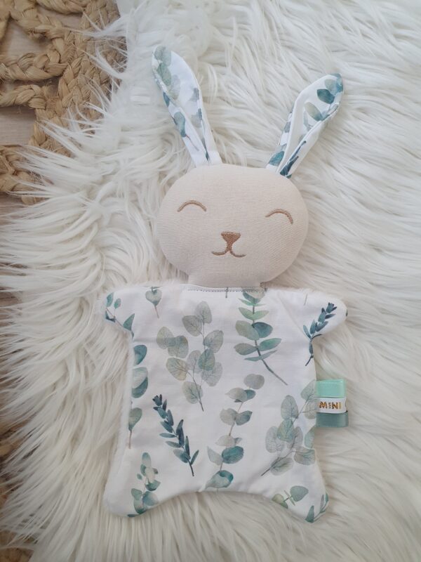 doudou lapin feuille eucalyptus garçon fille unisexe bleu vert cadeau naissance original bébé fabriqué en france