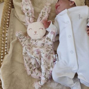 Doudou lapin FLEURI rose rétro (grand modèle)