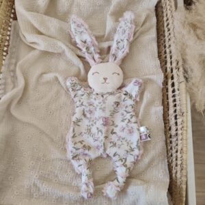 Doudou lapin FLEURI rose rétro (grand modèle)